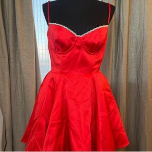 House of CB Red Satin Fit-and-Flare  Dress with Lace Trim